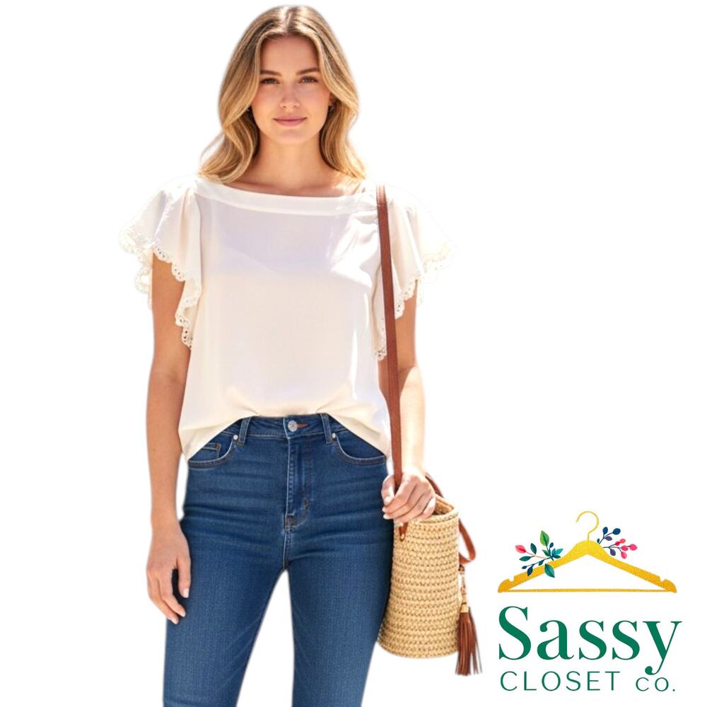 Ann Taylor Eyelet Flutter Sleeve Blouse M Off White Square Neck Top 581485